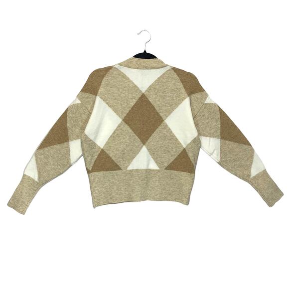 Ann Taylor Factory Argyle Plaid Button Front Cropped Sweater Women's Sz S Beige - Picture 2 of 6